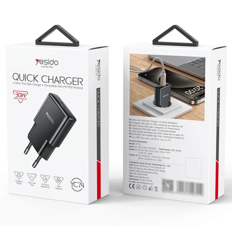 Yesido YC74 Ultra-thin 30W USB-C / Type-C Travel Charger, EU Plug, YC74