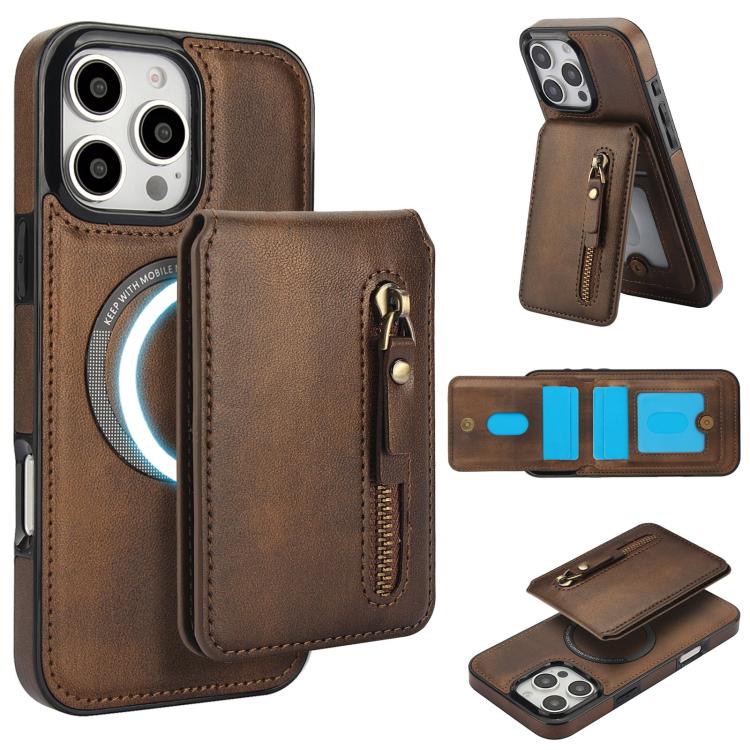 Zipper Wallet Split MagSafe Leather Back Phone Case, For iPhone 16e, For iPhone 16 Pro Max, For iPhone 16 Pro, For iPhone 16 Plus, For iPhone 16, For iPhone 15 Pro Max