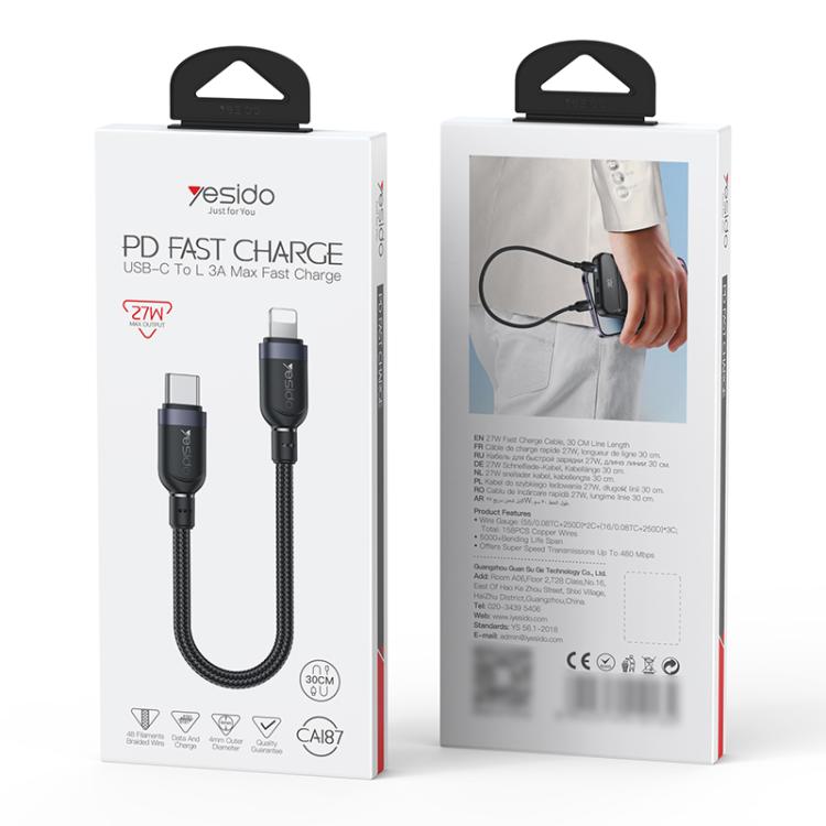 Yesido CA187 27W Type-C to 8 Pin Aluminum Alloy Data Cable, Length: 0.3m, 0.3m