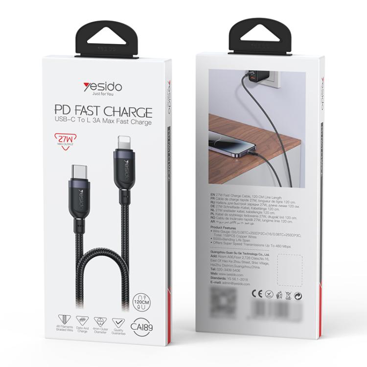 Yesido CA189 27W Type-C to 8 Pin Aluminum Alloy Data Cable, Length: 1.2m, 1.2m