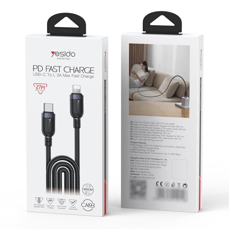Yesido CA193 27W Type-C to 8 Pin Aluminum Alloy Data Cable, Length: 3m, 3m