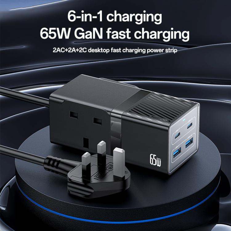 Yesido MC38 65W 6 In 1 Dual Type-C and Dual USB-A with 2 Socket GaN Fast Charging Power Socket, MC38