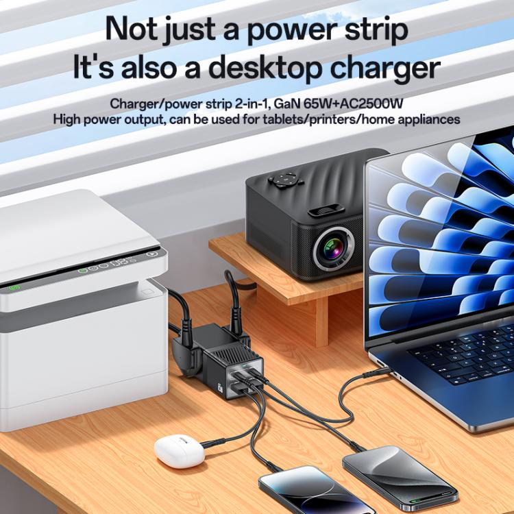 Yesido MC38 65W 6 In 1 Dual Type-C and Dual USB-A with 2 Socket GaN Fast Charging Power Socket, MC38