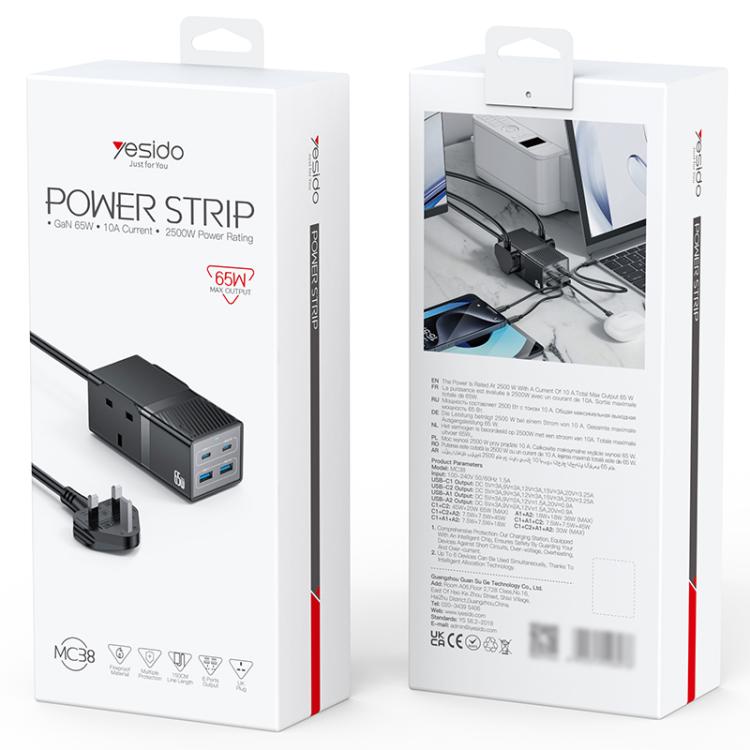 Yesido MC38 65W 6 In 1 Dual Type-C and Dual USB-A with 2 Socket GaN Fast Charging Power Socket, MC38