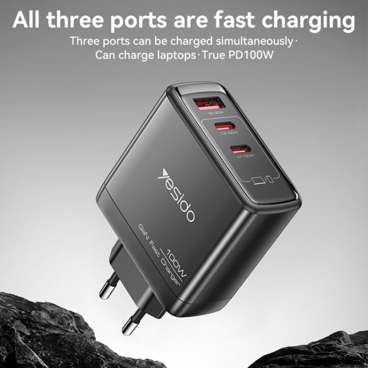 Yesido YC142 PD100W 2 USB-C , USB-A Three Ports GaN Fast Charger, EU Plug