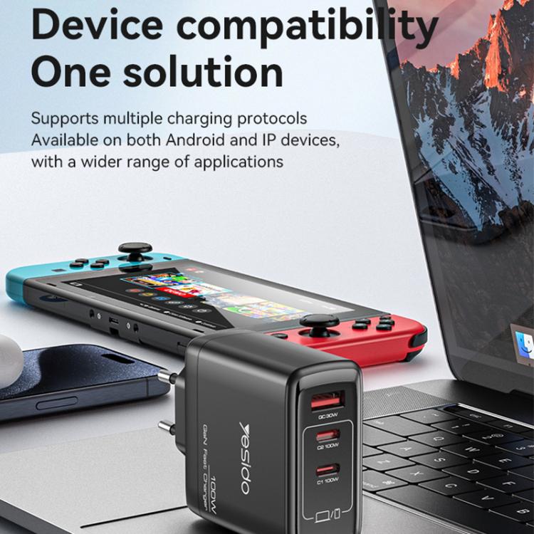 Yesido YC142 PD100W 2 USB-C , USB-A Three Ports GaN Fast Charger, EU Plug