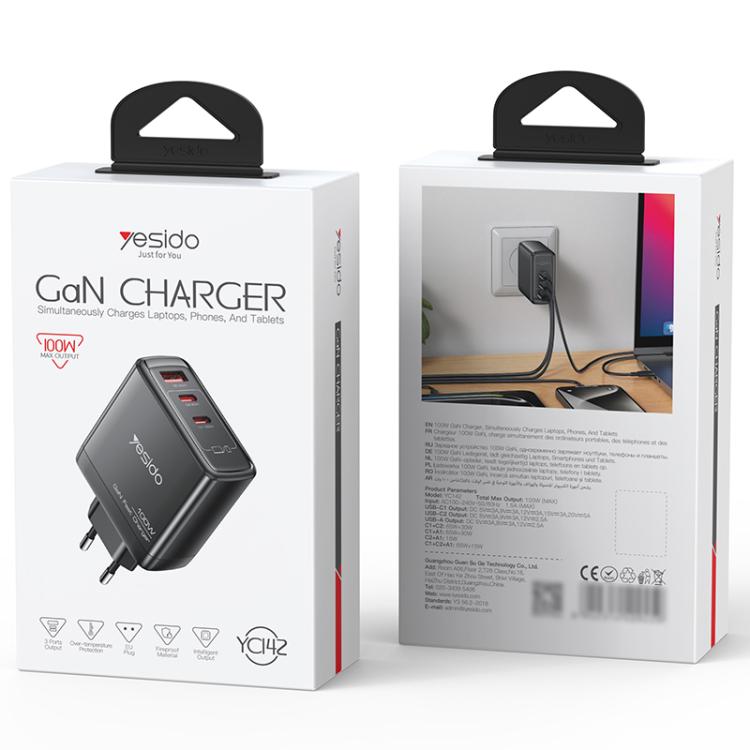 Yesido YC142 PD100W 2 USB-C , USB-A Three Ports GaN Fast Charger, EU Plug