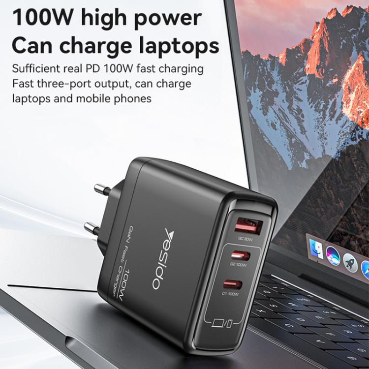 Yesido YC142 PD100W 2 USB-C , USB-A Three Ports GaN Fast Charger, EU Plug