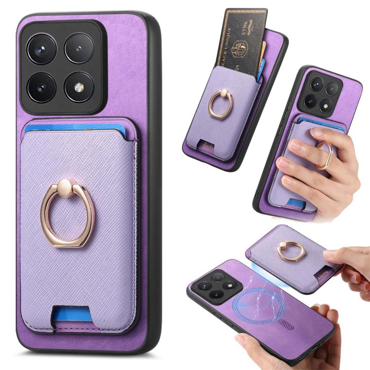 Retro Cross Leather Ring Vertical Insert Card Bag MagSafe Phone Case, For Redmi Note 13 Pro 5G / Poco X6 5G, For Redmi 13C / Poco C65, For Redmi 12 / Note 12R / Poco M6 Pro 5G, For Redmi K70 / K70 Pro 5G, For Redmi Note 12 Turbo / Poco F5 5G