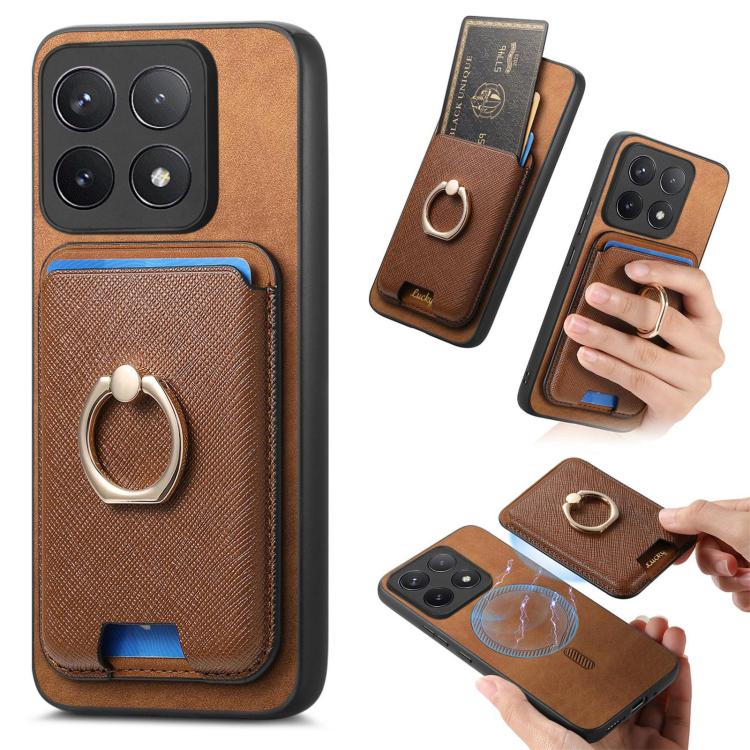Retro Cross Leather Ring Vertical Insert Card Bag MagSafe Phone Case, For Redmi Note 13 Pro 5G / Poco X6 5G, For Redmi 13C / Poco C65, For Redmi 12 / Note 12R / Poco M6 Pro 5G, For Redmi K70 / K70 Pro 5G, For Redmi Note 12 Turbo / Poco F5 5G