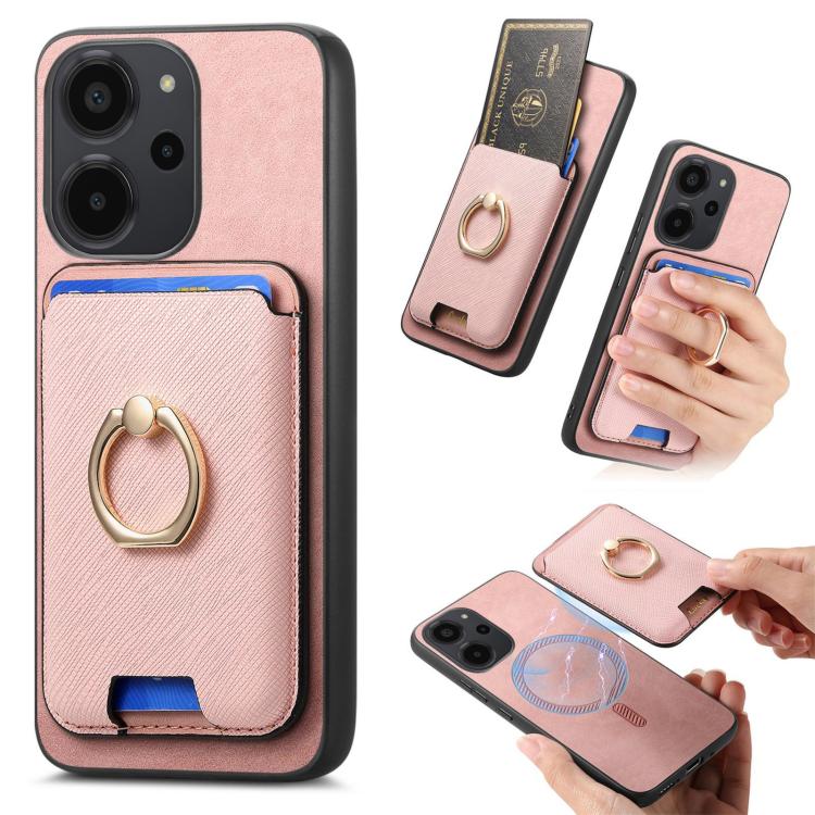 Retro Cross Leather Ring Vertical Insert Card Bag MagSafe Phone Case, For Redmi Note 13 Pro 5G / Poco X6 5G, For Redmi 13C / Poco C65, For Redmi 12 / Note 12R / Poco M6 Pro 5G, For Redmi K70 / K70 Pro 5G, For Redmi Note 12 Turbo / Poco F5 5G