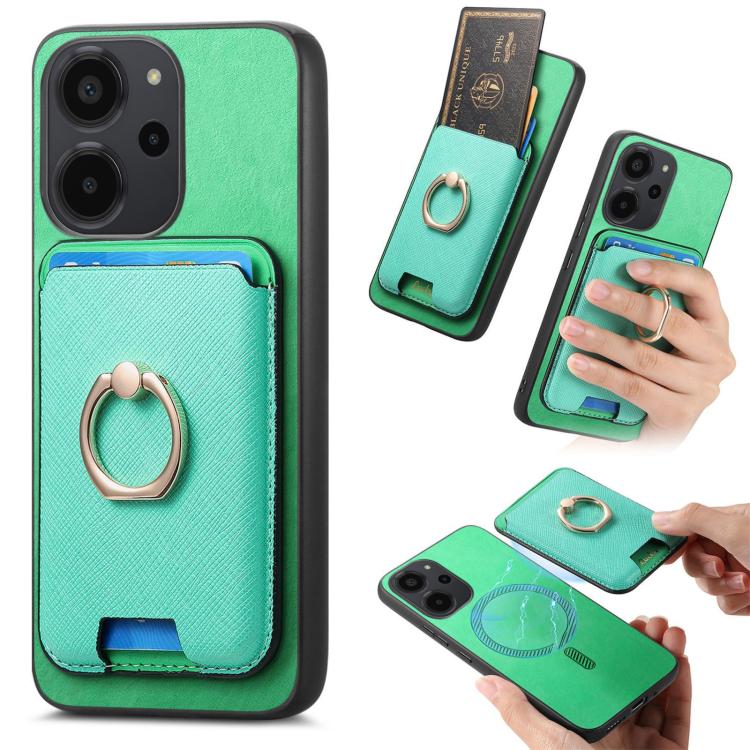 Retro Cross Leather Ring Vertical Insert Card Bag MagSafe Phone Case, For Redmi Note 13 Pro 5G / Poco X6 5G, For Redmi 13C / Poco C65, For Redmi 12 / Note 12R / Poco M6 Pro 5G, For Redmi K70 / K70 Pro 5G, For Redmi Note 12 Turbo / Poco F5 5G
