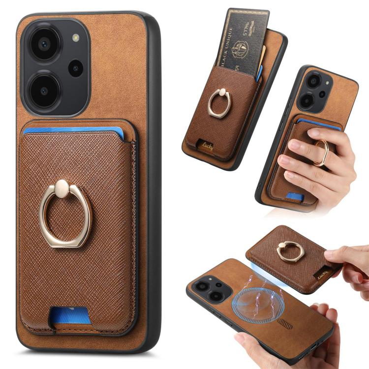 Retro Cross Leather Ring Vertical Insert Card Bag MagSafe Phone Case, For Redmi Note 13 Pro 5G / Poco X6 5G, For Redmi 13C / Poco C65, For Redmi 12 / Note 12R / Poco M6 Pro 5G, For Redmi K70 / K70 Pro 5G, For Redmi Note 12 Turbo / Poco F5 5G