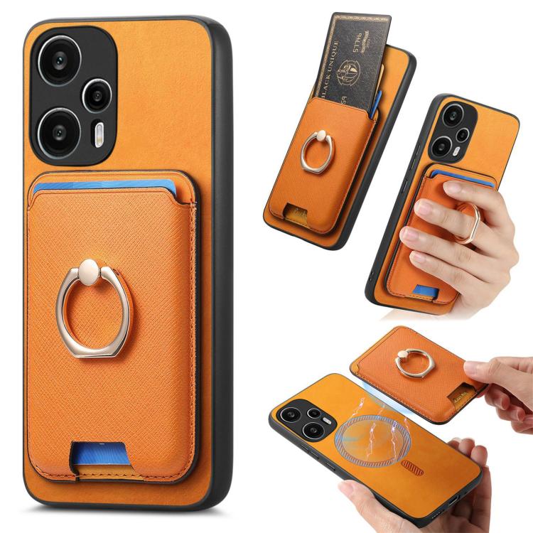 Retro Cross Leather Ring Vertical Insert Card Bag MagSafe Phone Case, For Redmi Note 13 Pro 5G / Poco X6 5G, For Redmi 13C / Poco C65, For Redmi 12 / Note 12R / Poco M6 Pro 5G, For Redmi K70 / K70 Pro 5G, For Redmi Note 12 Turbo / Poco F5 5G