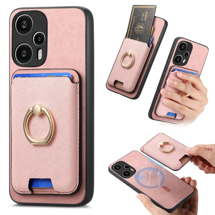Retro Cross Leather Ring Vertical Insert Card Bag MagSafe Phone Case, For Redmi Note 13 Pro 5G / Poco X6 5G, For Redmi 13C / Poco C65, For Redmi 12 / Note 12R / Poco M6 Pro 5G, For Redmi K70 / K70 Pro 5G, For Redmi Note 12 Turbo / Poco F5 5G