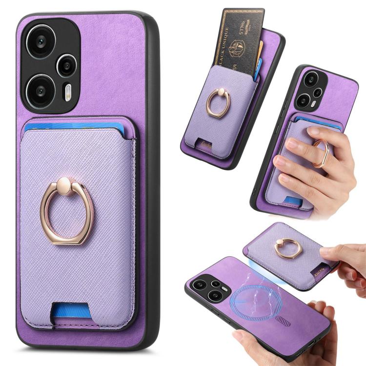 Retro Cross Leather Ring Vertical Insert Card Bag MagSafe Phone Case, For Redmi Note 13 Pro 5G / Poco X6 5G, For Redmi 13C / Poco C65, For Redmi 12 / Note 12R / Poco M6 Pro 5G, For Redmi K70 / K70 Pro 5G, For Redmi Note 12 Turbo / Poco F5 5G