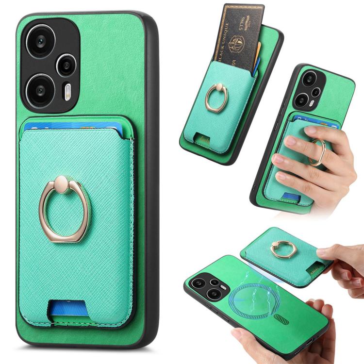 Retro Cross Leather Ring Vertical Insert Card Bag MagSafe Phone Case, For Redmi Note 13 Pro 5G / Poco X6 5G, For Redmi 13C / Poco C65, For Redmi 12 / Note 12R / Poco M6 Pro 5G, For Redmi K70 / K70 Pro 5G, For Redmi Note 12 Turbo / Poco F5 5G