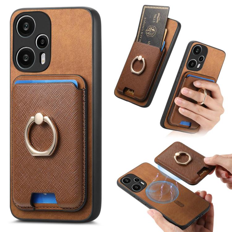 Retro Cross Leather Ring Vertical Insert Card Bag MagSafe Phone Case, For Redmi Note 13 Pro 5G / Poco X6 5G, For Redmi 13C / Poco C65, For Redmi 12 / Note 12R / Poco M6 Pro 5G, For Redmi K70 / K70 Pro 5G, For Redmi Note 12 Turbo / Poco F5 5G