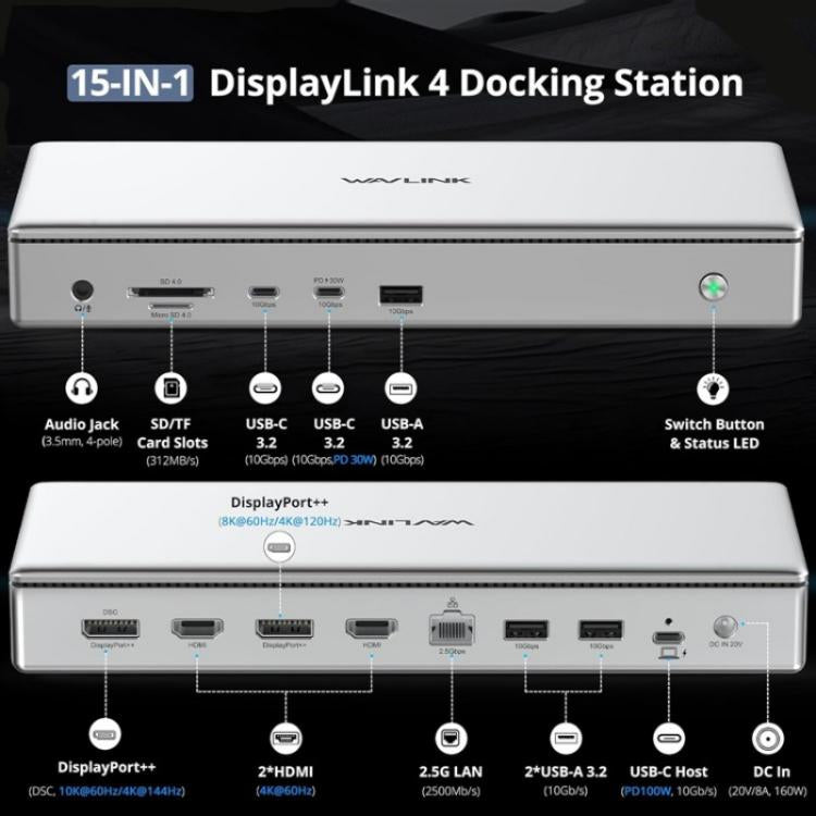 WAVLINK WL-UG75PD1-DH2 USB-C / Type-C Displaylink DL7400 Docking Station Support Quad Display, UG75PD1-DH2