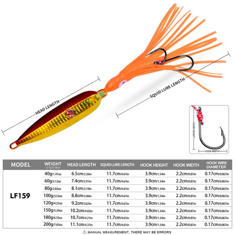 PROBEROS LF159 Luminous Bearded Squid Hook Slow Cranking Road Runner Iron Plate Bionic False Bait, 40G, 60G, 80G, 100G, 120G, 150G, 180G, 200G
