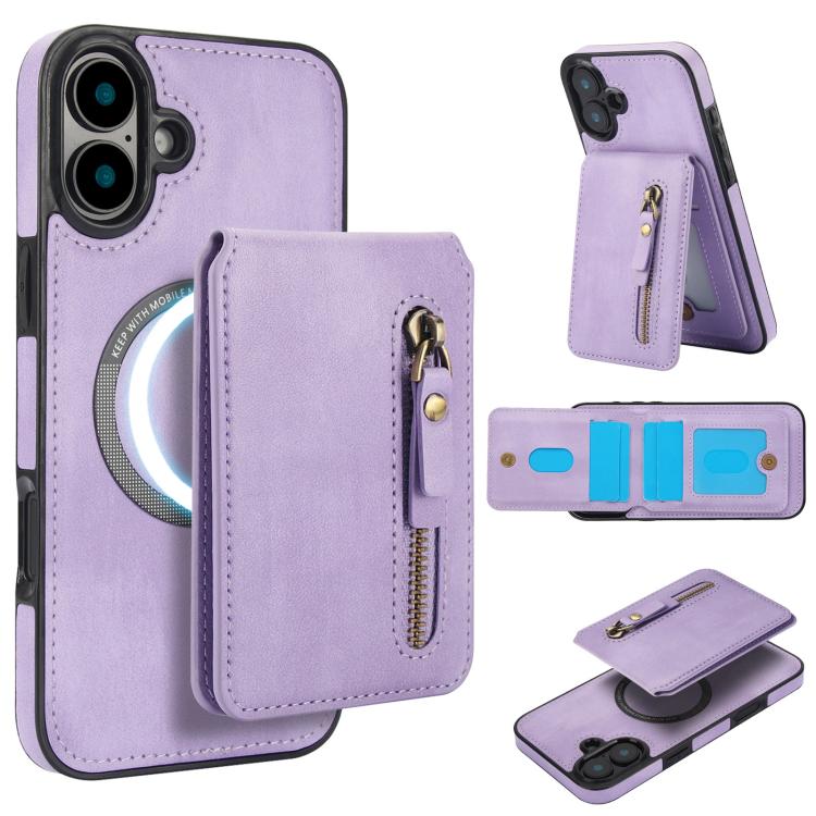 Zipper Wallet Split MagSafe Leather Back Phone Case, For iPhone 16e, For iPhone 16 Pro Max, For iPhone 16 Pro, For iPhone 16 Plus, For iPhone 16, For iPhone 15 Pro Max