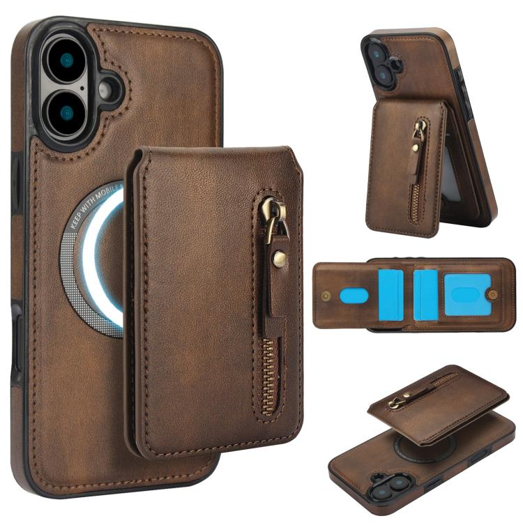 Zipper Wallet Split MagSafe Leather Back Phone Case, For iPhone 16e, For iPhone 16 Pro Max, For iPhone 16 Pro, For iPhone 16 Plus, For iPhone 16, For iPhone 15 Pro Max