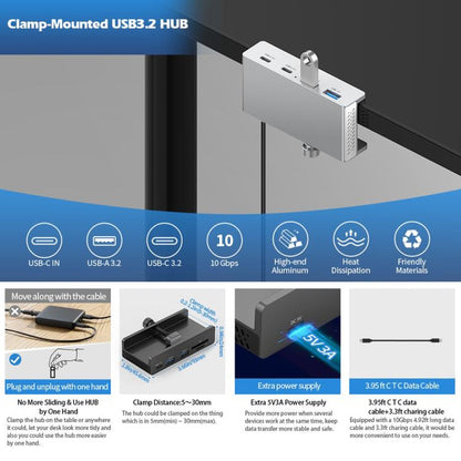 HCL-3A1C-Pro Aluminum Alloy 3xUSB and Type-C Clamp Hub, HCL-3A1C-Pro