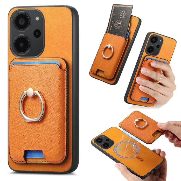Retro Cross Leather Ring Vertical Insert Card Bag MagSafe Phone Case, For Redmi Note 13 Pro 5G / Poco X6 5G, For Redmi 13C / Poco C65, For Redmi 12 / Note 12R / Poco M6 Pro 5G, For Redmi K70 / K70 Pro 5G, For Redmi Note 12 Turbo / Poco F5 5G