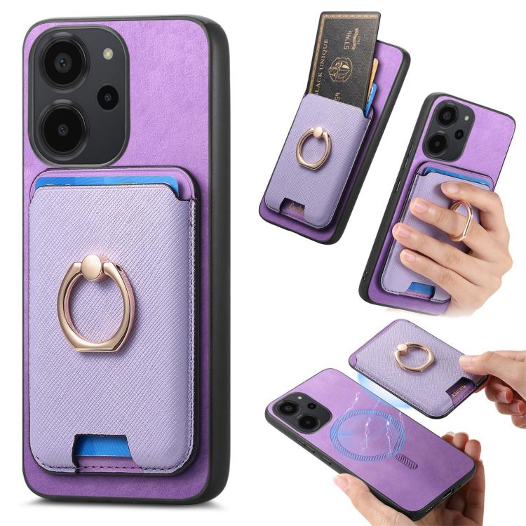 Retro Cross Leather Ring Vertical Insert Card Bag MagSafe Phone Case, For Redmi Note 13 Pro 5G / Poco X6 5G, For Redmi 13C / Poco C65, For Redmi 12 / Note 12R / Poco M6 Pro 5G, For Redmi K70 / K70 Pro 5G, For Redmi Note 12 Turbo / Poco F5 5G
