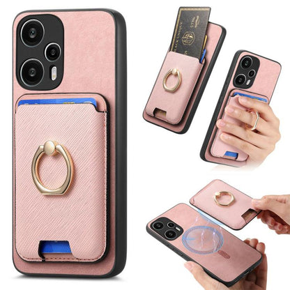 Retro Cross Leather Ring Vertical Insert Card Bag MagSafe Phone Case, For Redmi Note 13 Pro 5G / Poco X6 5G, For Redmi 13C / Poco C65, For Redmi 12 / Note 12R / Poco M6 Pro 5G, For Redmi K70 / K70 Pro 5G, For Redmi Note 12 Turbo / Poco F5 5G