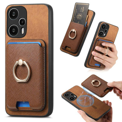 Retro Cross Leather Ring Vertical Insert Card Bag MagSafe Phone Case, For Redmi Note 13 Pro 5G / Poco X6 5G, For Redmi 13C / Poco C65, For Redmi 12 / Note 12R / Poco M6 Pro 5G, For Redmi K70 / K70 Pro 5G, For Redmi Note 12 Turbo / Poco F5 5G