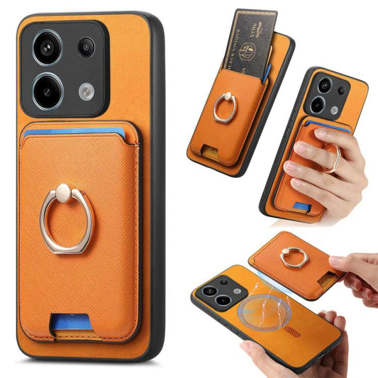 Retro Cross Leather Ring Vertical Insert Card Bag MagSafe Phone Case, For Redmi Note 13 Pro 5G / Poco X6 5G, For Redmi 13C / Poco C65, For Redmi 12 / Note 12R / Poco M6 Pro 5G, For Redmi K70 / K70 Pro 5G, For Redmi Note 12 Turbo / Poco F5 5G