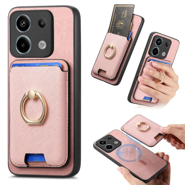 Retro Cross Leather Ring Vertical Insert Card Bag MagSafe Phone Case, For Redmi Note 13 Pro 5G / Poco X6 5G, For Redmi 13C / Poco C65, For Redmi 12 / Note 12R / Poco M6 Pro 5G, For Redmi K70 / K70 Pro 5G, For Redmi Note 12 Turbo / Poco F5 5G