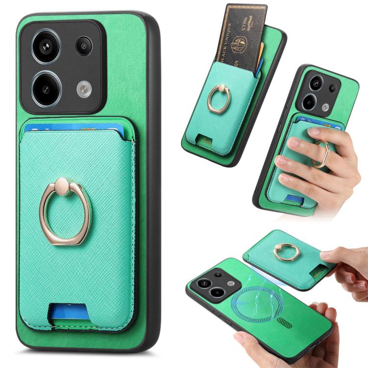 Retro Cross Leather Ring Vertical Insert Card Bag MagSafe Phone Case, For Redmi Note 13 Pro 5G / Poco X6 5G, For Redmi 13C / Poco C65, For Redmi 12 / Note 12R / Poco M6 Pro 5G, For Redmi K70 / K70 Pro 5G, For Redmi Note 12 Turbo / Poco F5 5G