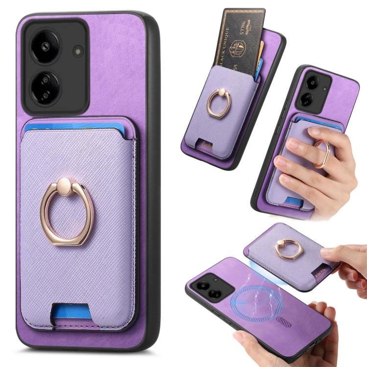 Retro Cross Leather Ring Vertical Insert Card Bag MagSafe Phone Case, For Redmi Note 13 Pro 5G / Poco X6 5G, For Redmi 13C / Poco C65, For Redmi 12 / Note 12R / Poco M6 Pro 5G, For Redmi K70 / K70 Pro 5G, For Redmi Note 12 Turbo / Poco F5 5G
