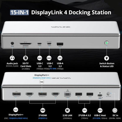 WAVLINK WL-UG75PD1-DH2 USB-C / Type-C Displaylink DL7400 Docking Station Support Quad Display, UG75PD1-DH2