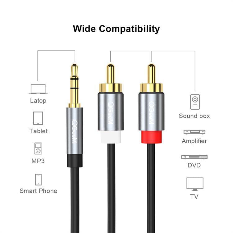 QGeeM 2RCA to 3.5mm Jack Audio Cable Gold-Plated Stereo Aux Cord for Home Theater, DVD Player,Hi-Fi Systems, 0.5m, 1m, 1.5m, 2m, 3m, 5m